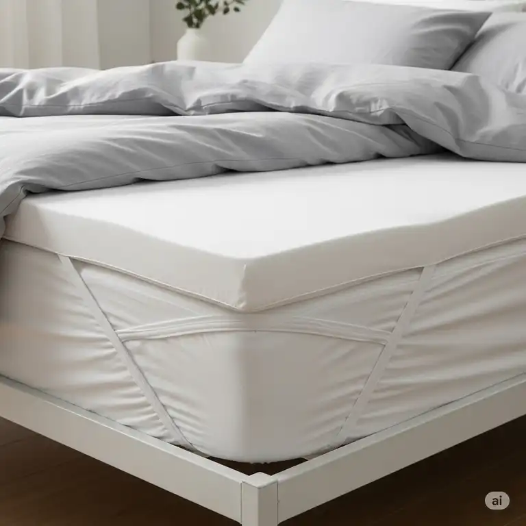 A close-up of a well-made bed with a mattress topper securely in place, demonstrating an effective solution for how to keep mattress topper from sliding.