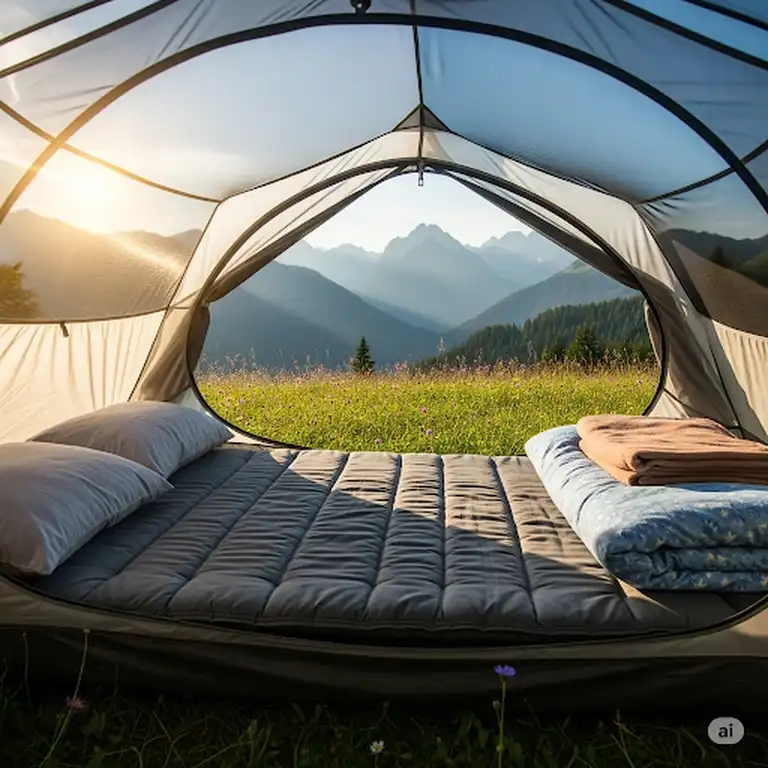 A comfortable outdoor mattress set up inside a tent with a scenic mountain view, perfect for camping and backpacking adventures.
