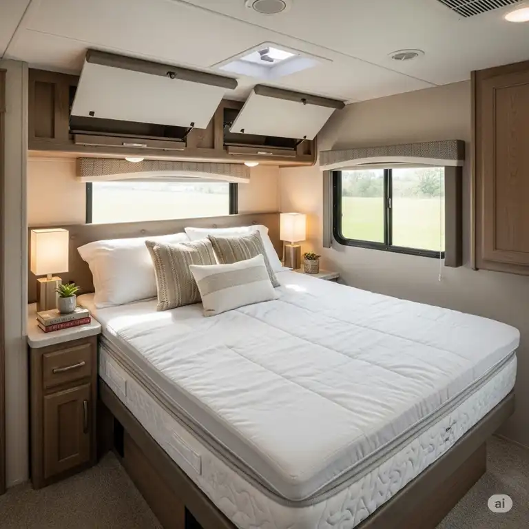 Plush RV queen mattress topper providing ultimate comfort in a spacious RV bedroom.