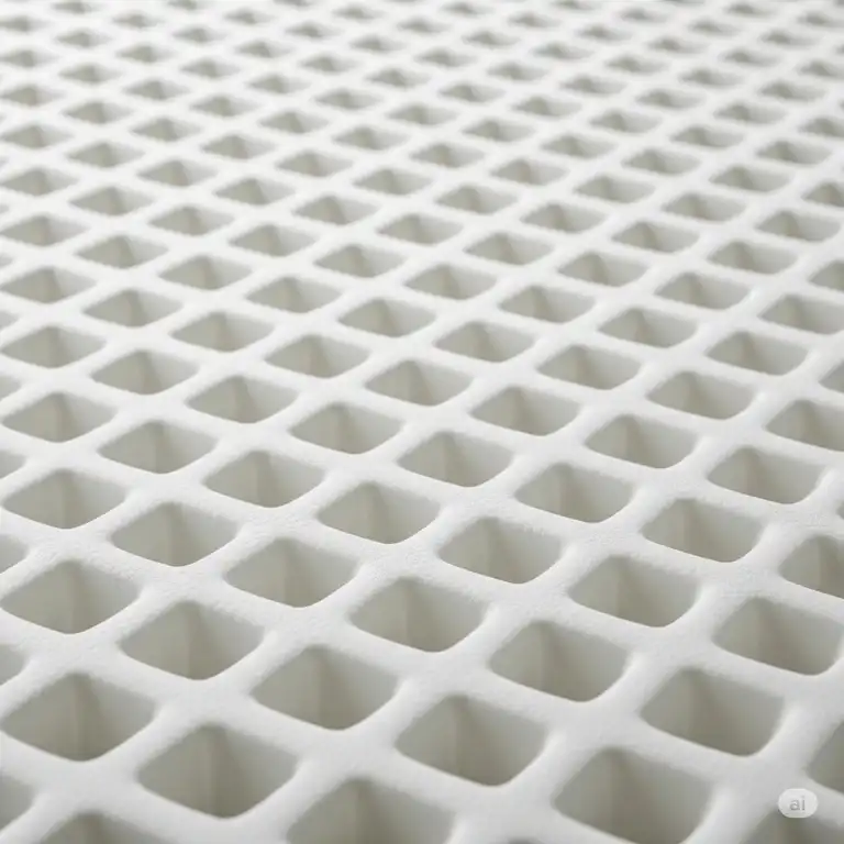 A close-up view of a white waffle mattress, highlighting its unique air-cell design for pressure relief and comfort.