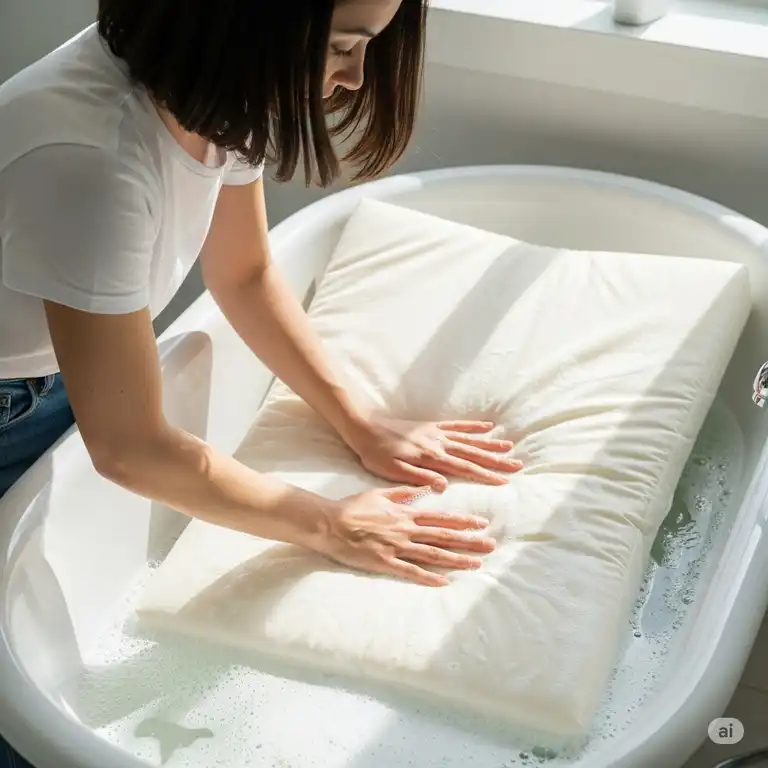 A person gently hand-washing a mattress topper, demonstrating how to clean a mattress topper at home.