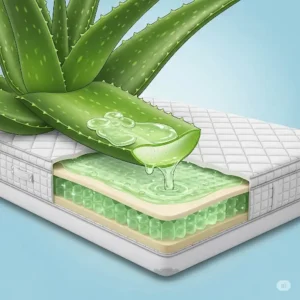 Illustration showing a stylized aloe vera plant with its gel infusing into the layers of an aloe vera mattress, representing natural comfort.
