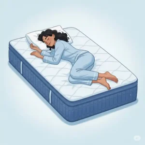 Illustration of a person sleeping peacefully on a plush blue mattress, emphasizing comfort and support.