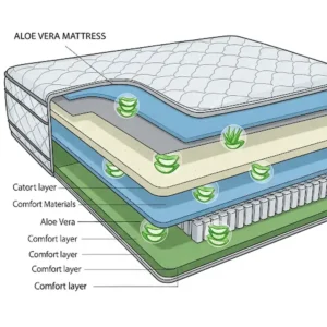 Diagram of an aloe vera mattress cross-section, revealing multiple comfort layers with small aloe icons indicating natural properties.
