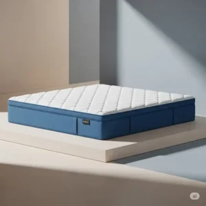 Modern illustration showcasing the sleek design and calming color of a contemporary blue mattress.