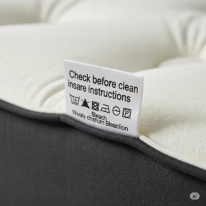 Close-up of a mattress topper care label with washing instructions, emphasizing the importance of checking before you can wash a mattress topper.