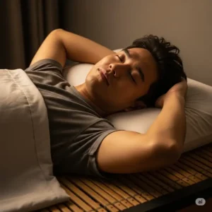 Person peacefully sleeping on a bamboo mattress, illustrating its superior comfort and support for deep sleep.
