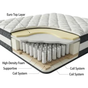 Cross-section illustration revealing the multi-layered construction of a euro top mattress, including foam and coil systems.