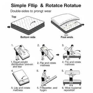 Step-by-step graphic demonstrating how to easily flip and rotate a double sided mattress for even wear and extended lifespan.