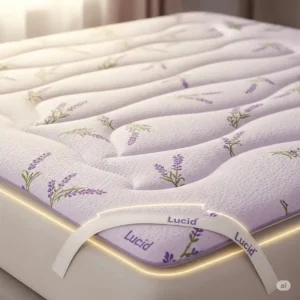 Illustration of a lavender-infused Lucid mattress pads with subtle lavender accents, symbolizing relaxation and enhanced sleep.