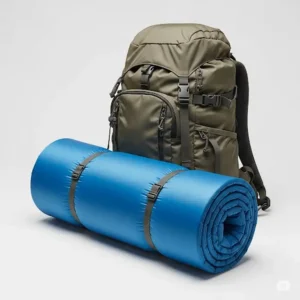 A lightweight, compact outdoor mattress rolled up next to a backpack, emphasizing its suitability for backpacking.