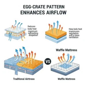 Infographic showing the enhanced airflow through the egg-crate shape of a waffle mattress, promoting a cooler sleep.