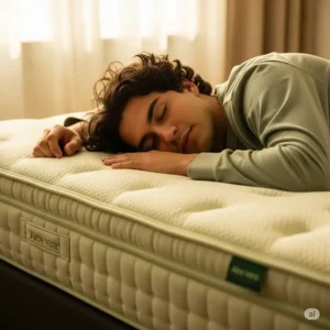 A person sleeping soundly and peacefully on an aloe vera mattress, emphasizing deep rest and overall well-being.
