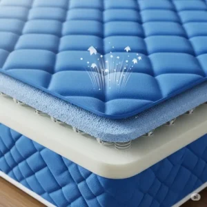 Close-up illustration highlighting the breathable fabric and quality materials of a blue mattress.