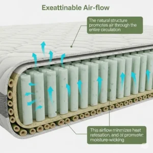 Diagram showing excellent airflow through a bamboo mattress, emphasizing its breathable and temperature-regulating properties.