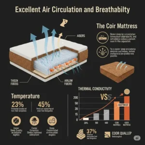An infographic highlighting the excellent air circulation and breathability of a coir mattress, contributing to a cooler sleep experience.
