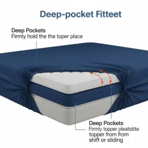 Graphic depicting a deep-pocket fitted sheet pulled tightly over both a mattress and a topper, highlighting how a snug sheet helps with how to keep mattress topper from sliding.