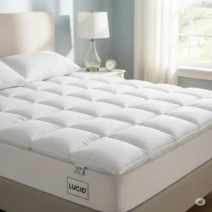 Image depicting a fluffy down alternative Lucid mattress pads, emphasizing its hypoallergenic and cloud-like feel.