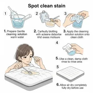 A diagram showing how to spot clean a small stain on a mattress topper using a mild cleaning solution. Can you wash a mattress topper like this with spot cleaning?
