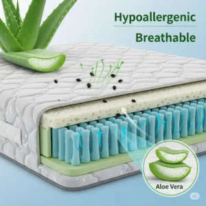 Graphic illustrating the hypoallergenic and breathable qualities of an aloe vera mattress, featuring air circulation and dust mite symbols.