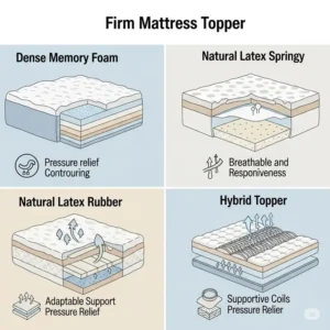 An illustration showcasing different material options for the best firm mattress topper, including dense memory foam, natural latex, and supportive hybrid constructions.