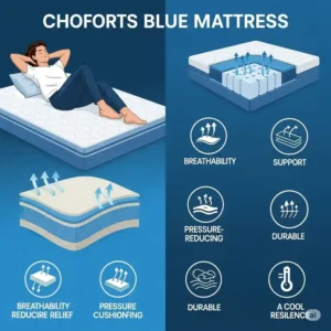 Illustrative graphic depicting the various benefits of a blue mattress, such as pressure relief and durability.