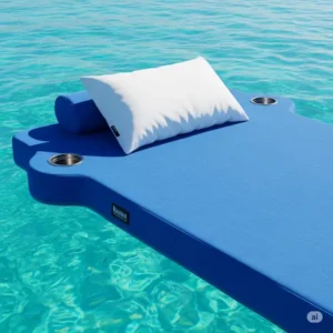 Floating mattress featuring convenient accessories like a pillow and cup holder.