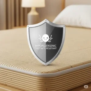 Shield icon over a bamboo mattress, representing its hypoallergenic and dust mite resistant qualities for allergy sufferers.