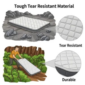 An illustration of an outdoor mattress being tested for durability on various rough terrains, showing its tear-resistant material.