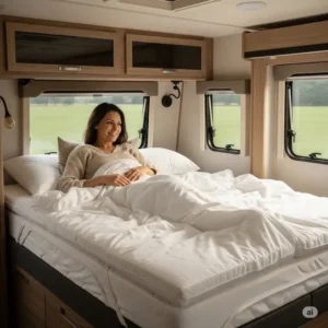 Enjoying a restful sleep on a premium RV queen mattress topper after a long day of travel.