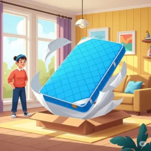 Cartoon illustration showing a blue mattress being unboxed, ready for setup in a new home.
