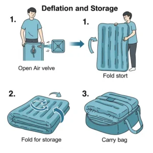 Illustration showing how to easily deflate and store a portable floating mattress.