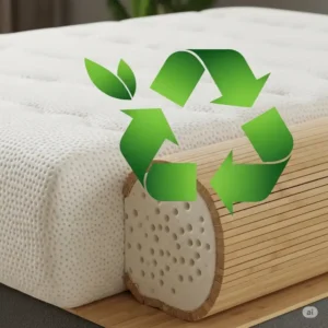 Green leaf or recycling symbol next to a bamboo mattress, signifying its eco-friendly and sustainable manufacturing process.