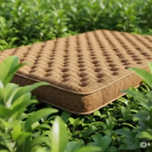 A visual representation of an eco-friendly coir mattress surrounded by green leaves, symbolizing its sustainable and natural origins.
