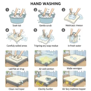  Step-by-step illustrations for hand-washing a mattress topper, from soaking to rinsing.