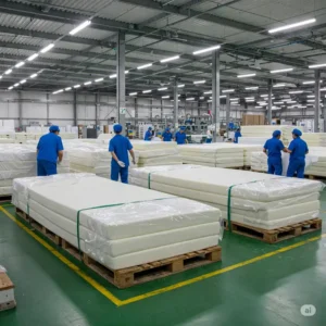 Latex mattresses being packaged and prepared for shipment from the factory.