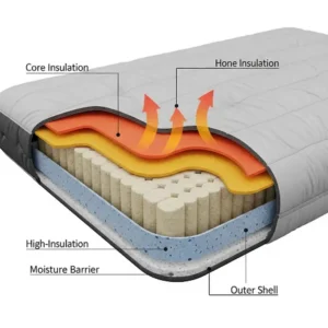 A cutaway illustration of an outdoor mattress showing its insulated layers, highlighting its warmth retention for cold weather.
