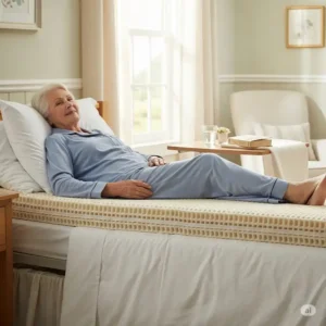 Scene depicting a patient comfortably resting on a waffle mattress in a home care setting.