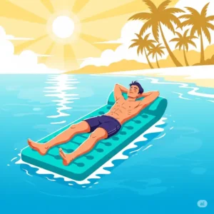 Illustration highlighting the relaxation and sunbathing benefits of using a floating mattress.