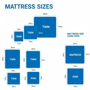 Diagram illustration displaying different available sizes of a blue mattress, from twin to king.