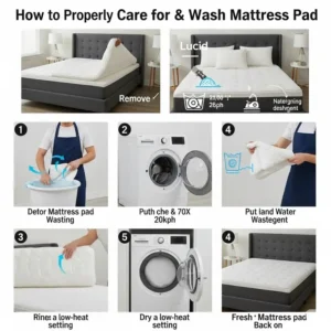 Visual guide demonstrating how to properly care for and wash a Lucid mattress pads to maintain its longevity and freshness.