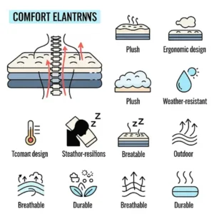 Icons representing various comfort features of an outdoor mattress, such as ergonomic design and plush surface for a good night's sleep.
