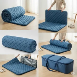 Image showing a foldable waffle mattress, emphasizing its portability and ease of storage.