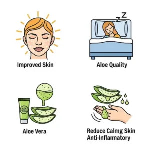Icons representing the various health benefits of an aloe vera mattress, such as improved skin, better sleep quality, and reduced irritation.