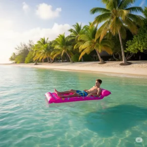 Floating mattress gently swaying on the water in a beautiful tropical beach scene.