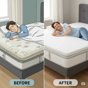 A "before and after" illustration showing a sagging mattress being revitalized and supported by a best firm mattress topper, extending mattress life and improving sleep surface.