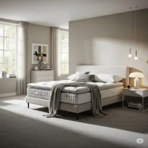 Modern bedroom interior featuring a stylish euro top mattress as the centerpiece for a luxurious sleeping experience.
