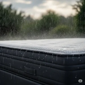 An outdoor mattress being shown as waterproof, with rain falling on it and rolling off, emphasizing its weather resistance.