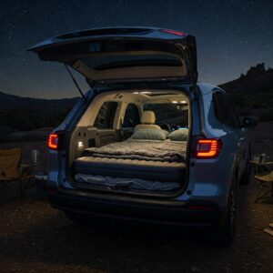 Ford Mach-E with an air mattress perfect for the mach e set up inside for comfortable car camping.