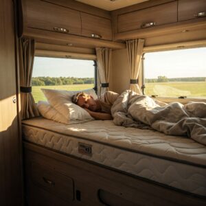 Enjoying comfortable sleep on a best rated rv mattress in a camper.